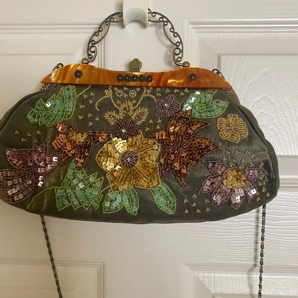 Lime Green Satin‎ Beaded Purse Beautiful, Handle or Crossbody Straps